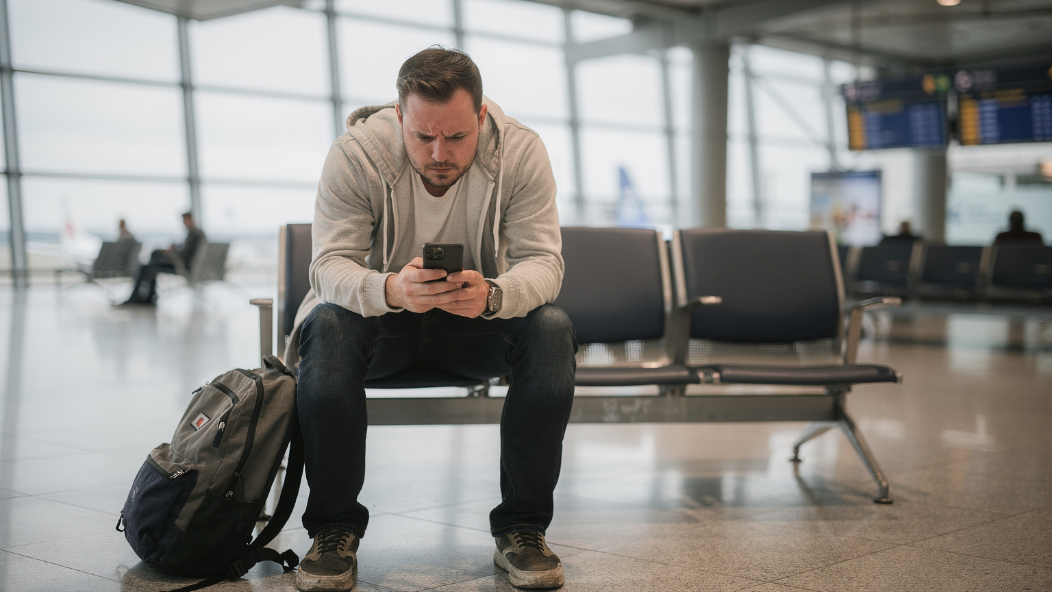 Ein frustrierter Reisender sitzt am Flughafen auf einer Bank und starrt auf sein nicht funktionierendes Smartphone, während andere Passagiere an ihm vorbeigehen.