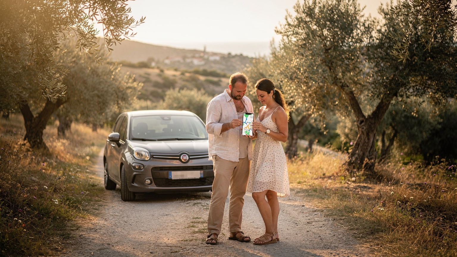 Un couple de voyageurs consulte une carte numérique sur un smartphone, garé près d'un champ d'oliviers en Grèce, le soleil de fin de journée créant une lumière douce et chaleureuse. Ils planifient leur itinéraire avec l'eSIM.