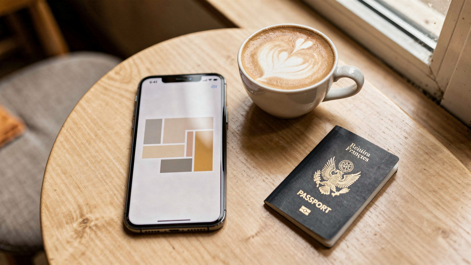 Un smartphone affichant l'interface d'une application eSIM, posé sur une table de café en bois clair, à côté d'une tasse de café et d'un passeport français, dans un environnement cosy typique d'un café européen moderne.