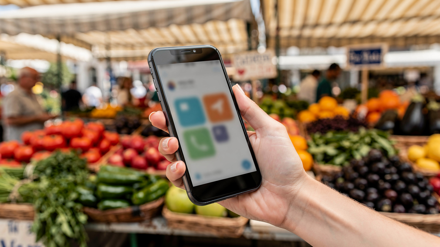 Une main féminine tenant un smartphone, affichant un plan de navigation, avec l'arrière-plan flou d'un marché traditionnel grec animé et coloré, peut-être à Thessalonique, au milieu de paniers de fruits et légumes.