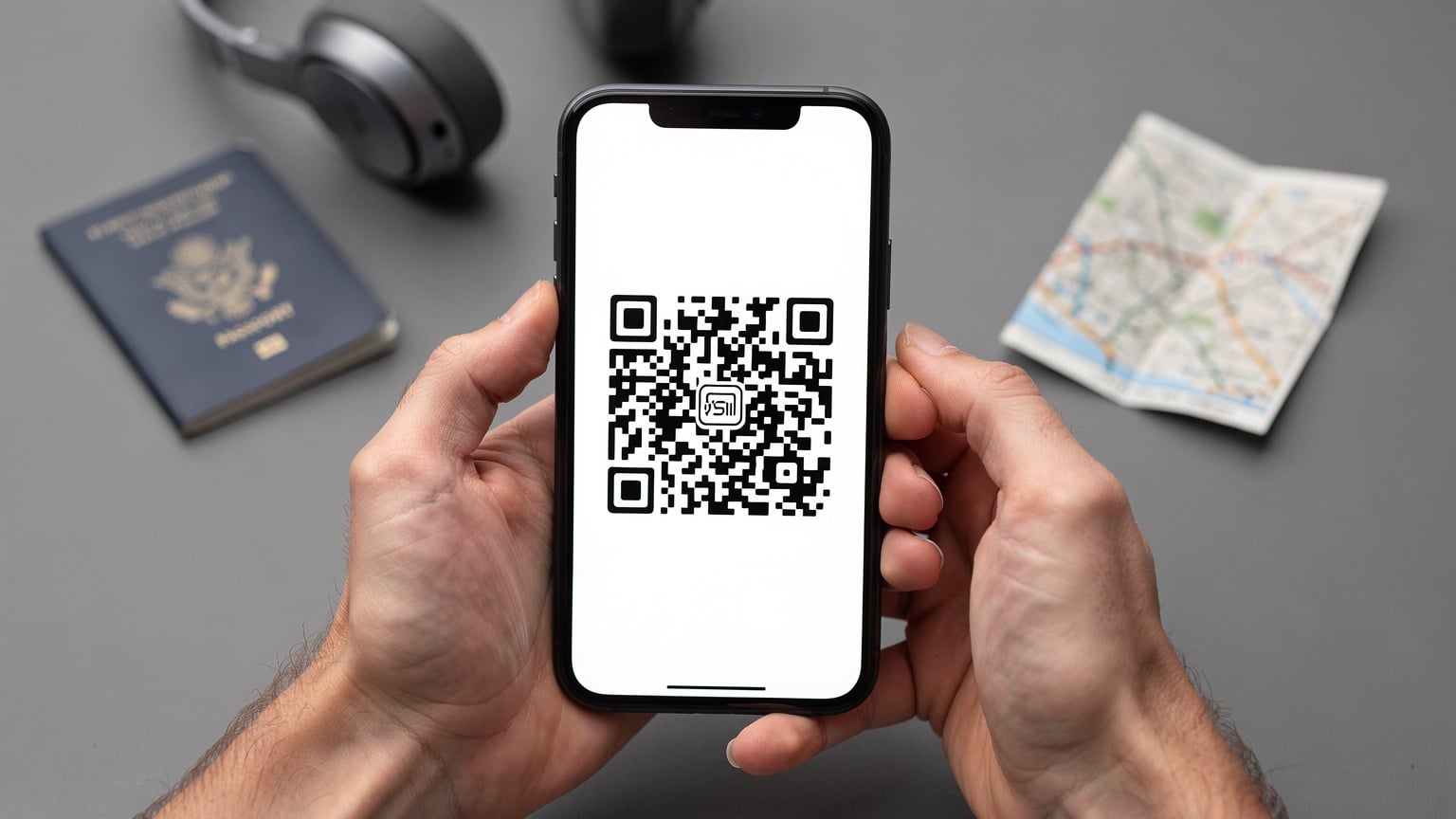 Eine Nahaufnahme zeigt die Hände einer Person, die ein Smartphone benutzt, um eine eSIM zu aktivieren, mit einer aufgeräumten Reisetasche im Hintergrund.