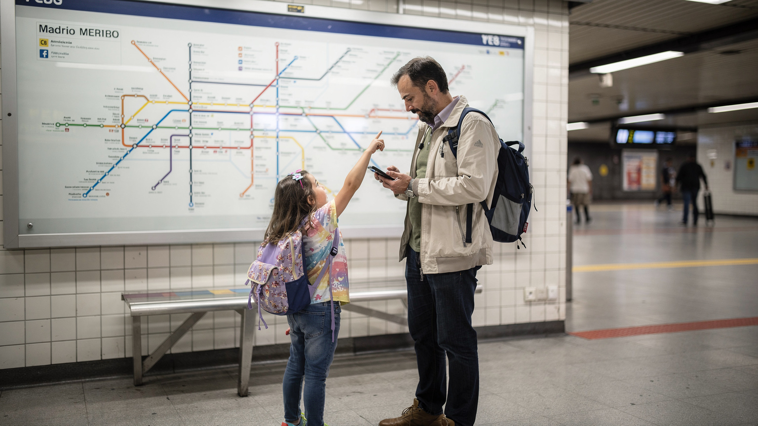 Отец и его 7-летняя дочь стоят у большой карты метро в Мадриде, отец держит смартфон с открытым приложением карт, чтобы проверить маршрут, дочь указывает на станцию на карте.