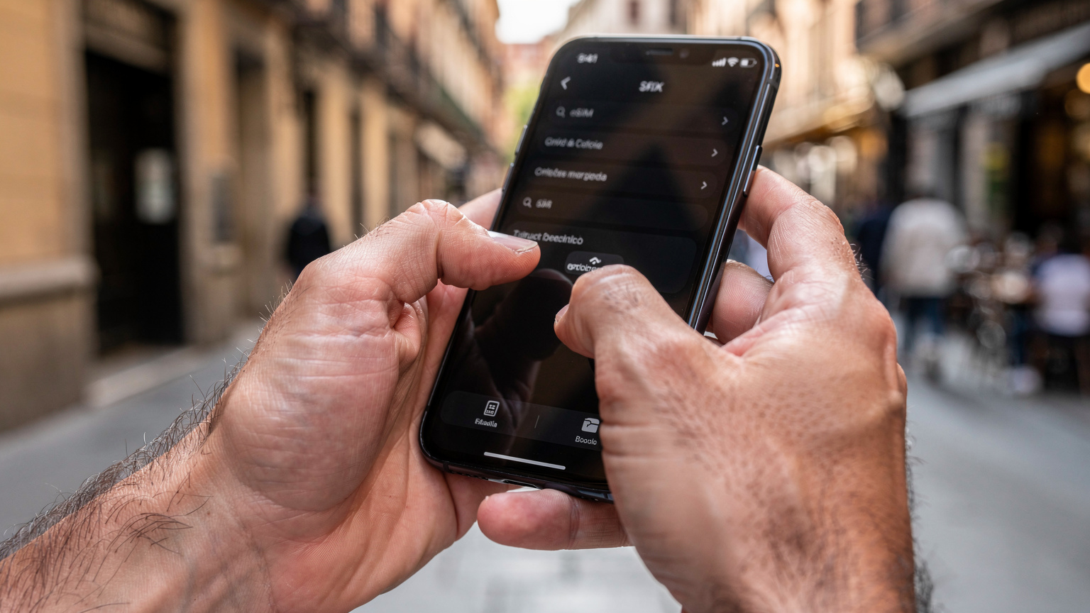 Крупный план мужских рук, настраивающих eSIM на современном смартфоне, на заднем плане видна оживленная улица с архитектурой, характерной для Мадрида.