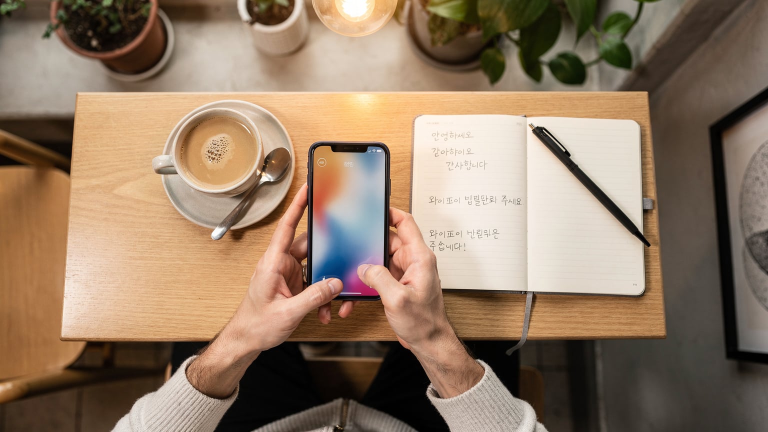 一位旅行者在首尔一家咖啡馆内,用手机连接Wi-Fi,同时面前放着一杯咖啡和一本旅行笔记。