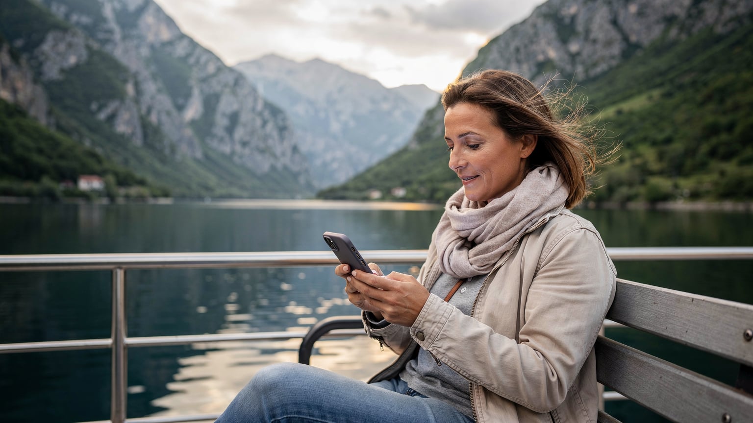 Eine Frau in ihren 30ern sitzt entspannt auf einer Fähre auf dem Koman-See in Albanien, mit Blick auf die beeindruckenden Fjordlandschaften, und tippt auf ihrem Smartphone, auf dem die Cellesim App zu sehen ist.