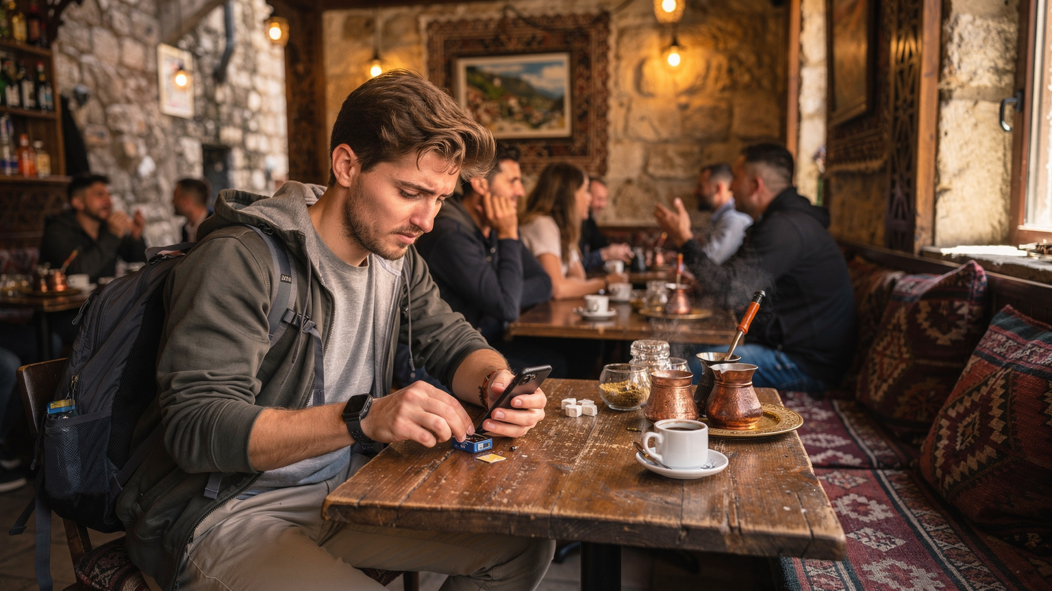 Ein junger Reisender sitzt frustriert in einem belebten, traditionellen Café in der Baščaršija, der Altstadt von Sarajevo, Bosnien und Herzegowina, und versucht, eine lokale SIM-Karte in seinem Smartphone zu installieren, während um ihn herum geschäftiges Treiben herrscht und Menschen türkischen Kaffee trinken.