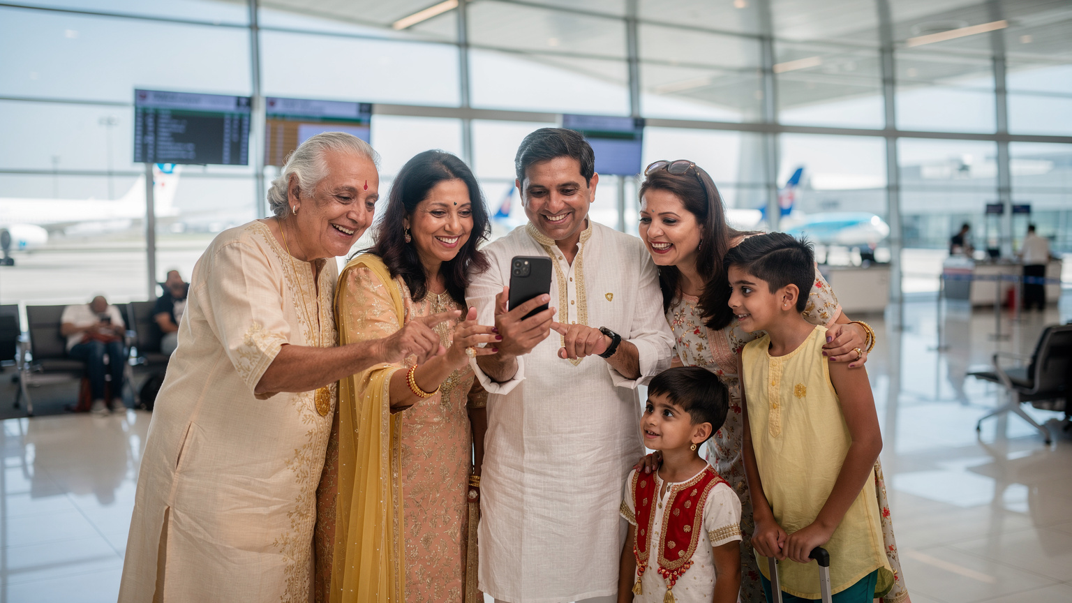 दुबई एयरपोर्ट पर एक भारतीय परिवार अपने फोन पर खुशी से त्योहार की शुभकामनाएं साझा कर रहा है, eSIM की बदौलत वे कनेक्टेड हैं।
