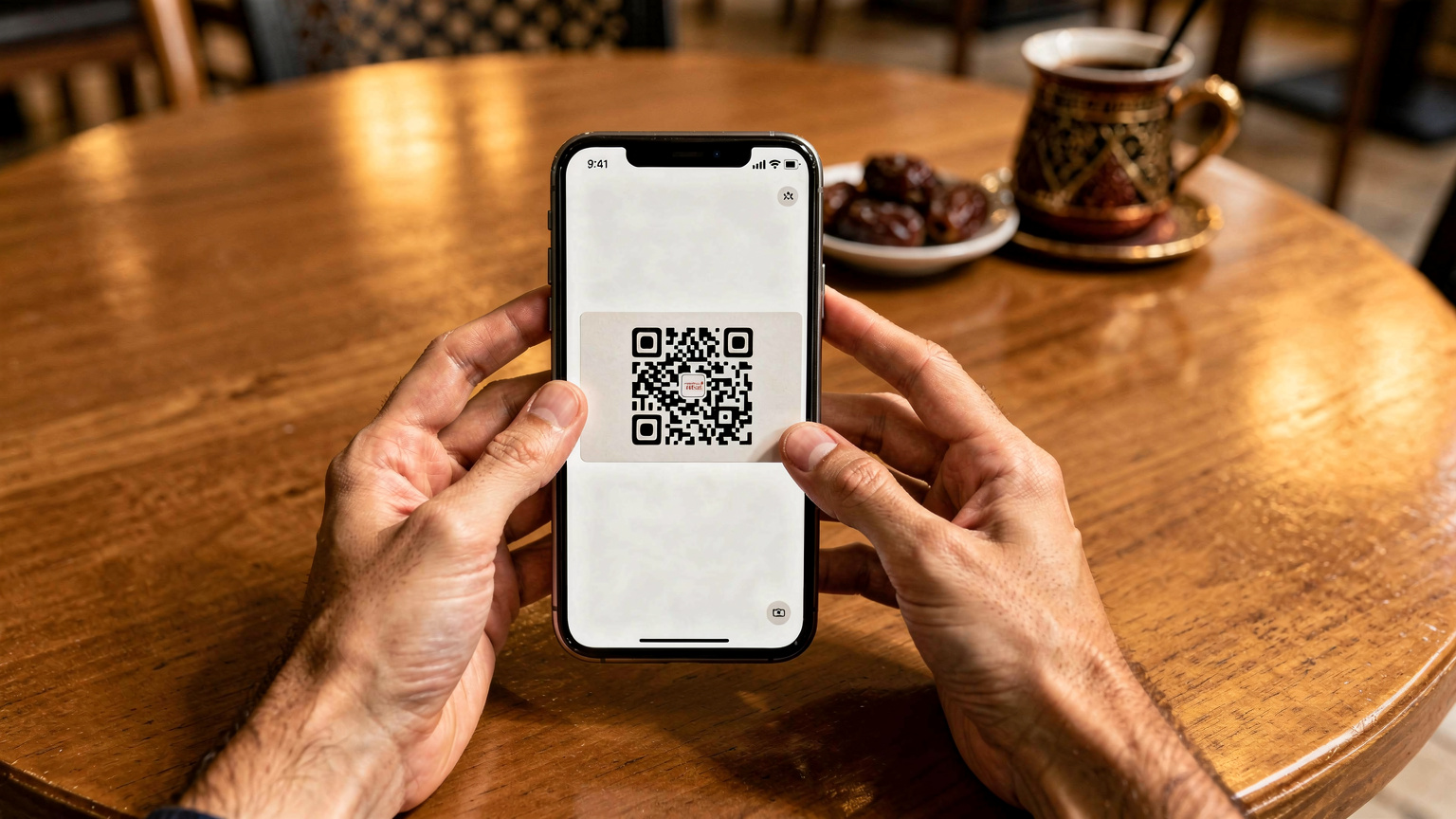 एक यात्री अपने स्मार्टफोन पर Cellesim QR कोड स्कैन कर रहा है, जो दुबई के एक व्यस्त कैफे में बैठा है, eSIM एक्टिवेशन की प्रक्रिया दर्शा रहा है।