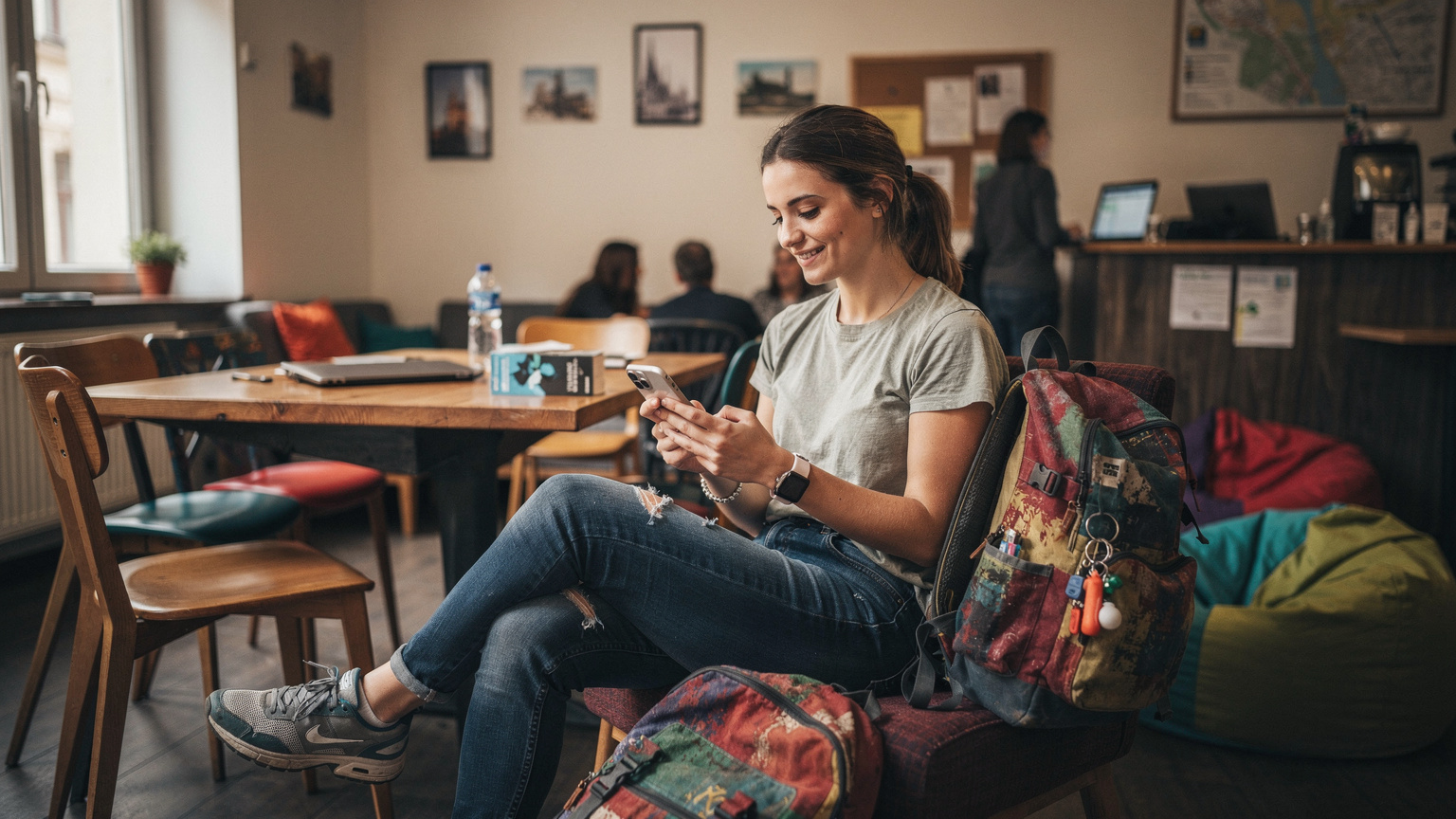 Budapeşte'deki bir hostel lobisinde, sırt çantalı bir gezgin rahatça oturmuş, yeni iPhone 18'inde eSIM ayarlarını kontrol ederken memnun bir ifadeyle gülümsüyor, bütçe dostu seyahatin tadını çıkarıyor.