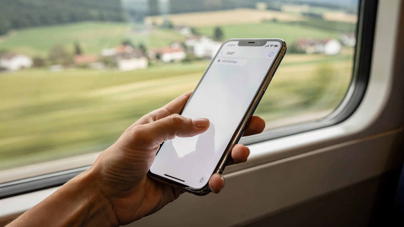 Bir tren vagonunun penceresinden hızla geçen Avrupa manzarası flu görünürken, bir kadın eli iPhone 18'in ekranında eSIM ayarları menüsünü hızlıca kaydırıyor, seyahat sırasında kolayca bağlantıyı yönetiyor.