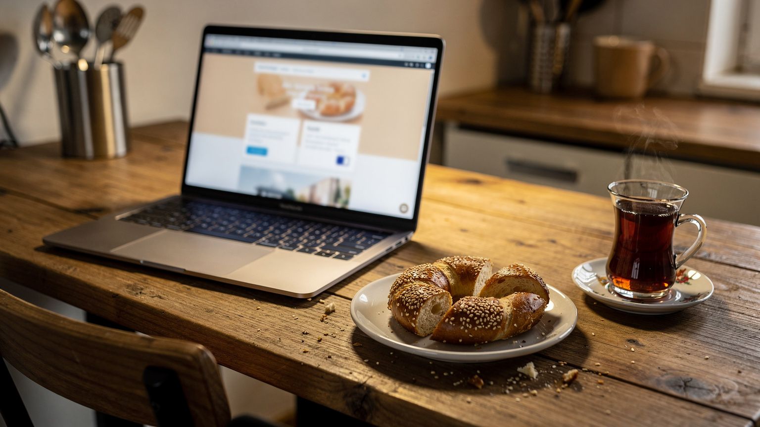 Bir hostelin ortak mutfağında, bir gezgin dizüstü bilgisayarında Cellesim web sitesinden eSIM paketi seçerken, yanında bir tabak taze demlenmiş çay ve simit duruyor, bütçe dostu seyahat planlaması yapıyor.