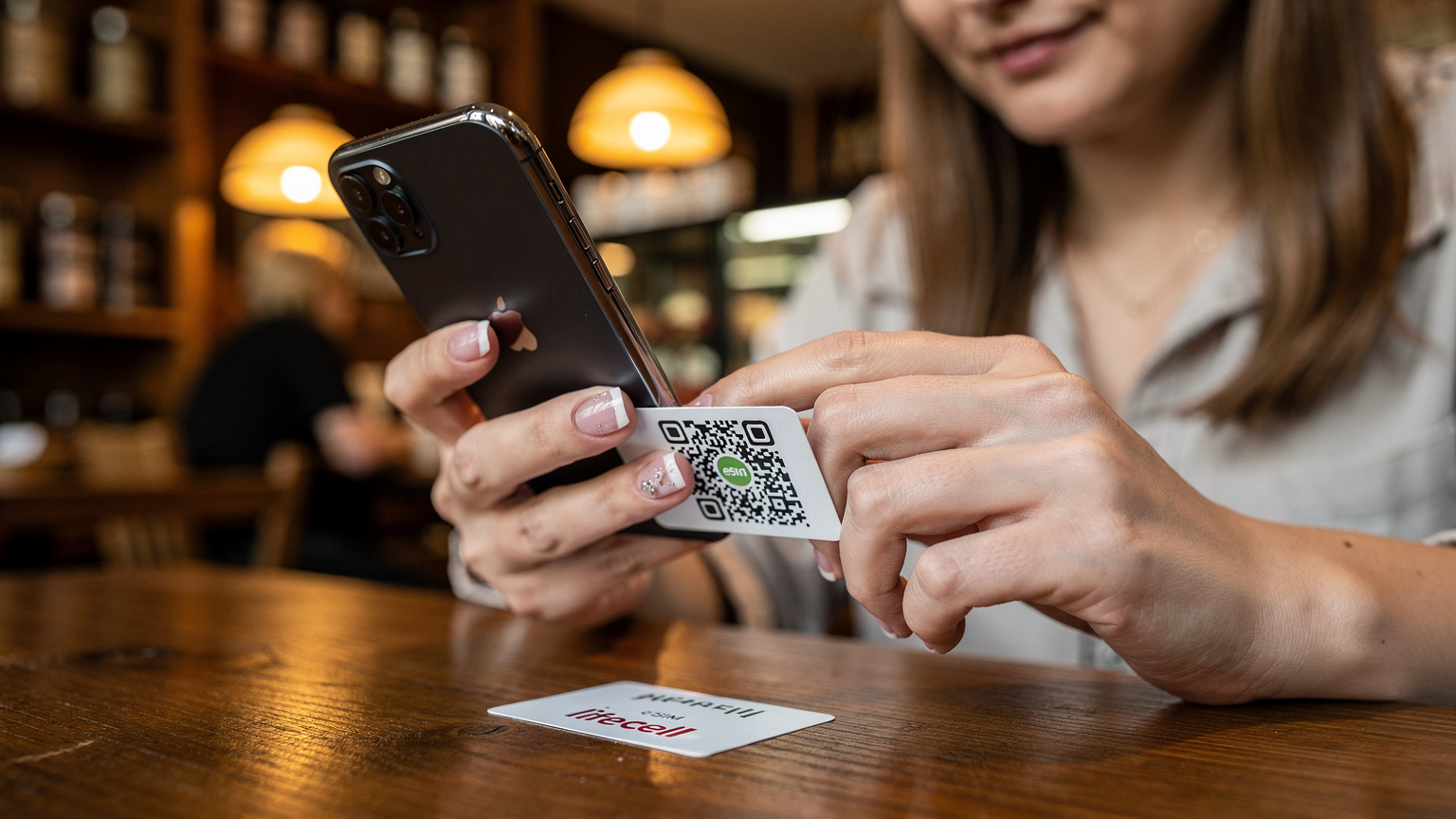 Крупний план рук української жінки Олени, яка сканує QR-код Lifecell eSIM на своєму iPhone, сидячи за дерев'яним столом у затишному кафе 'Lviv Handmade Chocolate' у Львові. За кадром видно розмитий інтер'єр кафе, що освітлений теплим, м'яким світлом.