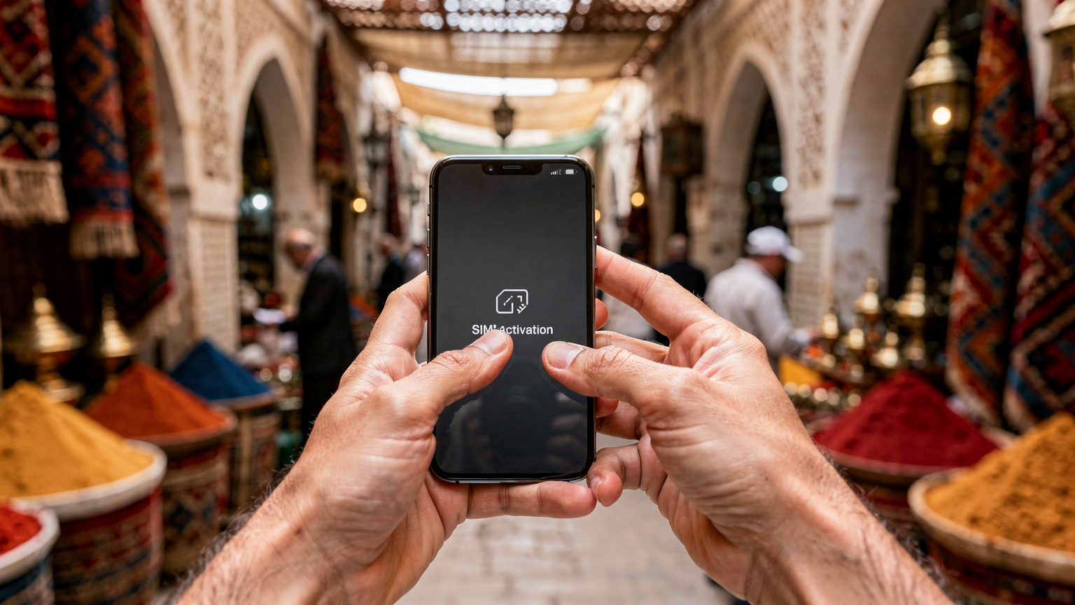 Ręce podróżnika trzymające smartfon, na którym widoczny jest ekran aktywacji eSIM, na tle tradycyjnego targu w Casablance, z rozmazanymi postaciami w tle.