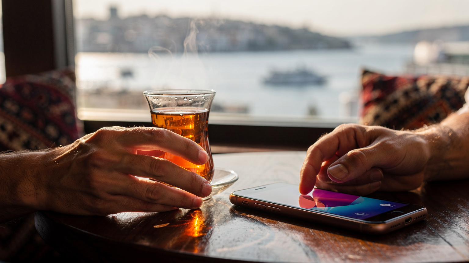İstanbul Boğazı manzaralı bir kafede, bir el sıcak bir fincan kahve tutarken, diğer el bir akıllı telefonda Cellesim uygulamasını kullanıyor.