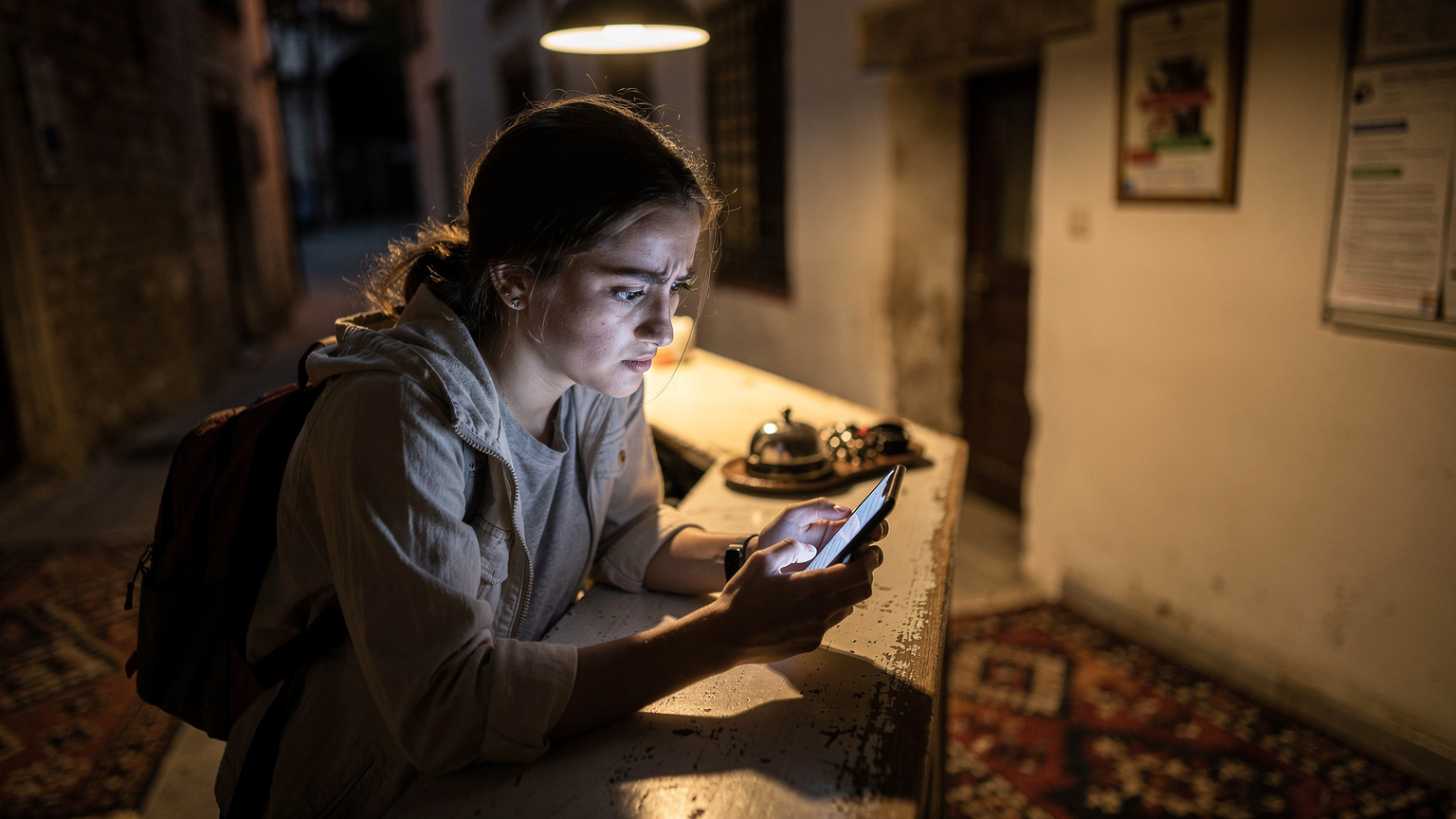Gecenin geç saatlerinde bir hostel resepsiyonunda, hafif endişeli bir yüz ifadesiyle telefonunda Cellesim destek sohbetini kullanan bir gezgin.