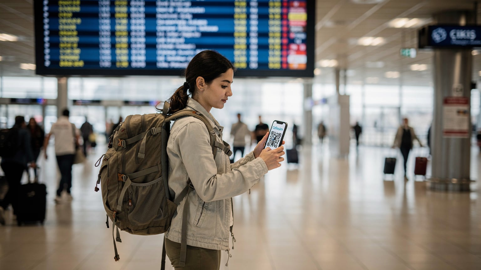 İstanbul'da kalabalık bir otobüs terminalinde, sırt çantalı bir gezgin akıllı telefonunu kullanarak Cellesim eSIM QR kodunu tarıyor.