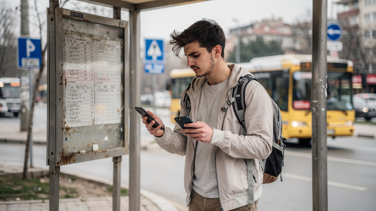 Bir otobüs durağında, panodaki tarifelere göz atan bir gezgin, telefonundan Cellesim uygulamasını açarak kalan internet verisini kontrol ediyor.