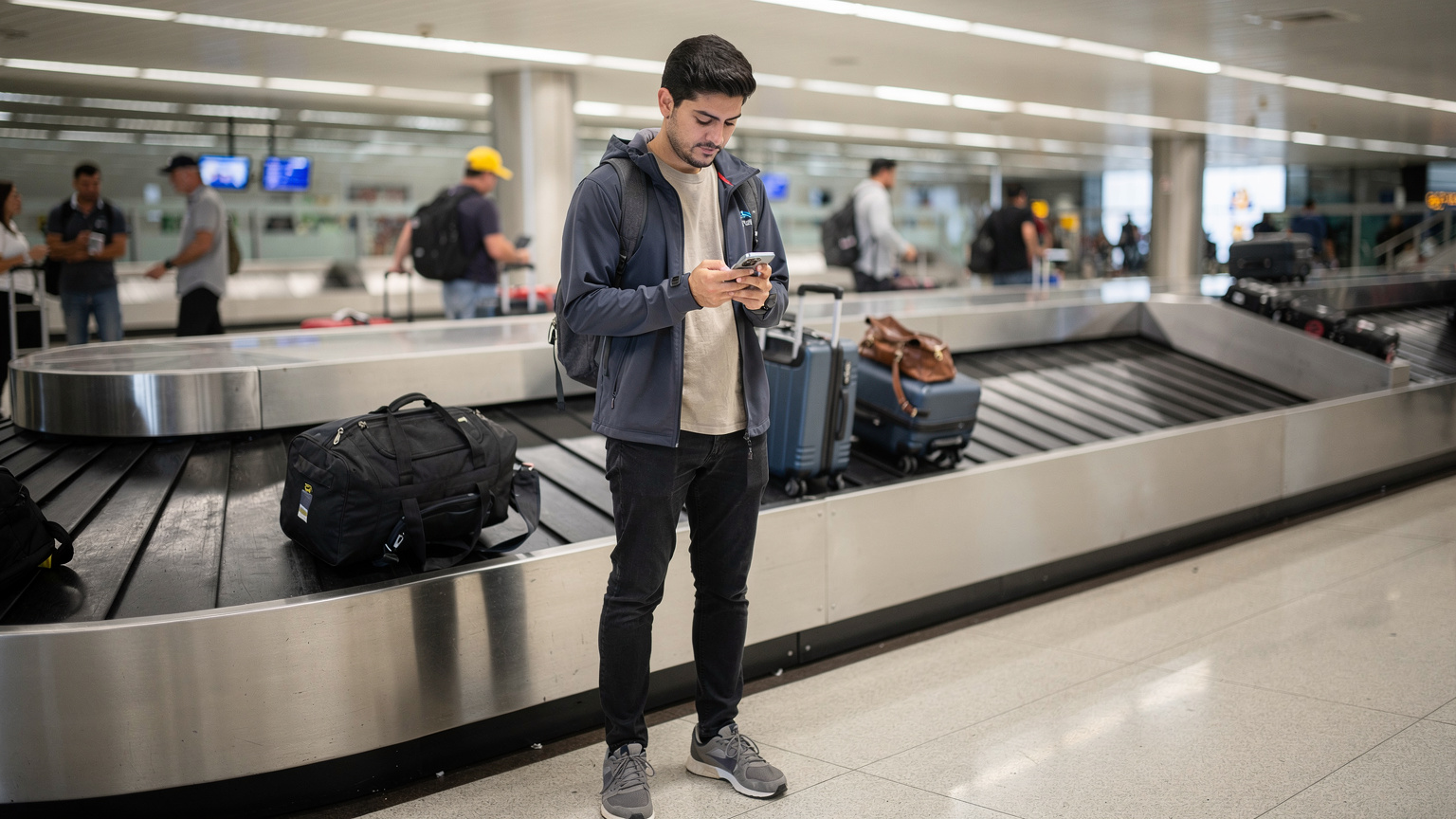 Ein Reisender kommt am internationalen Flughafen von Quito an und aktiviert seine eSIM auf dem iPhone, während er auf sein Gepäck wartet.