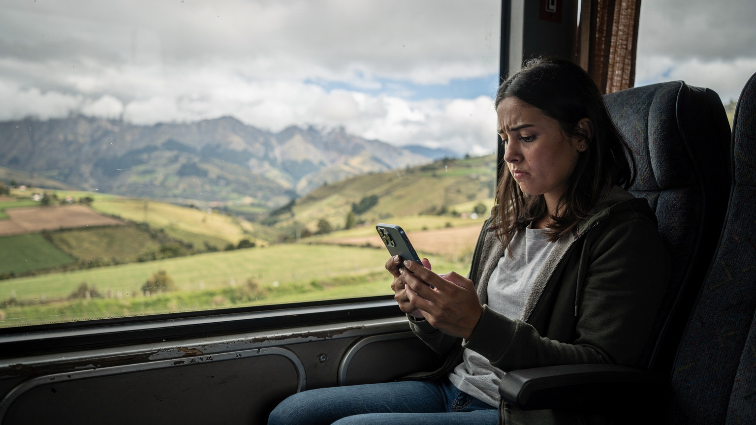 Ein Reisender am Fenster eines Busses auf dem Weg durch die ecuadorianische Landschaft, frustriert auf sein iPhone 17 blickend, das keinen Empfang anzeigt.