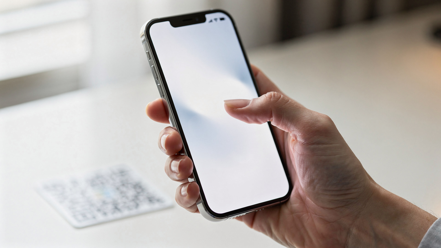 Nahaufnahme einer Hand, die ein iPhone 17 hält und mit einem Finger auf den Bildschirm tippt, um eine eSIM zu aktivieren, mit einem unscharfen QR-Code im Hintergrund.