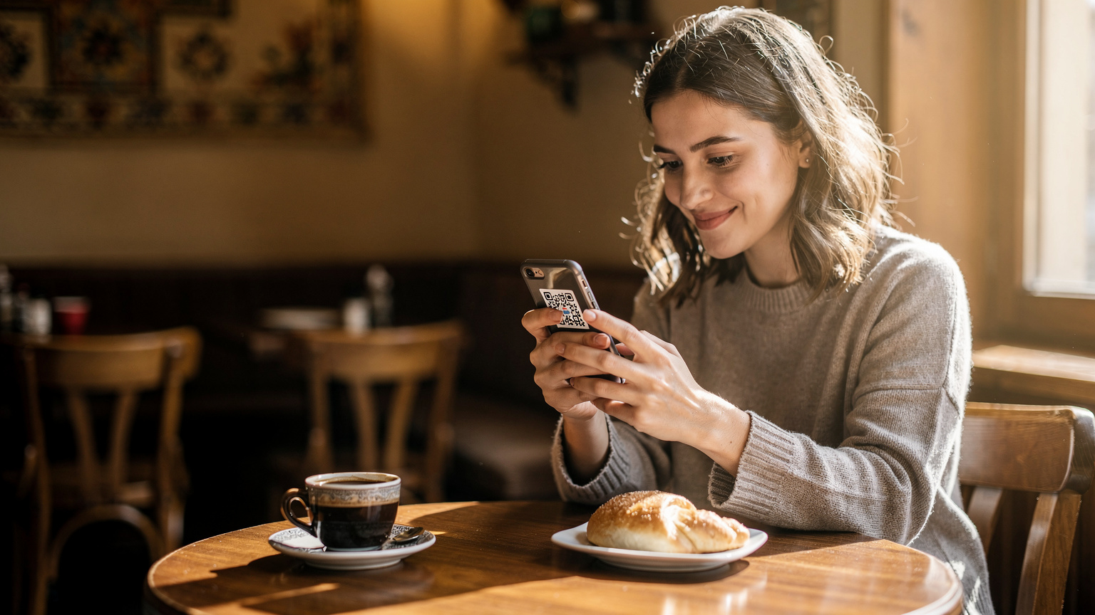 Cestovatelka se usmívá, zatímco v ruce drží telefon a s ním naskenuje QR kód pro aktivaci eSIM na stole v útulné kavárně v Bělehradě. Scéna je osvětlena měkkým ranním světlem.