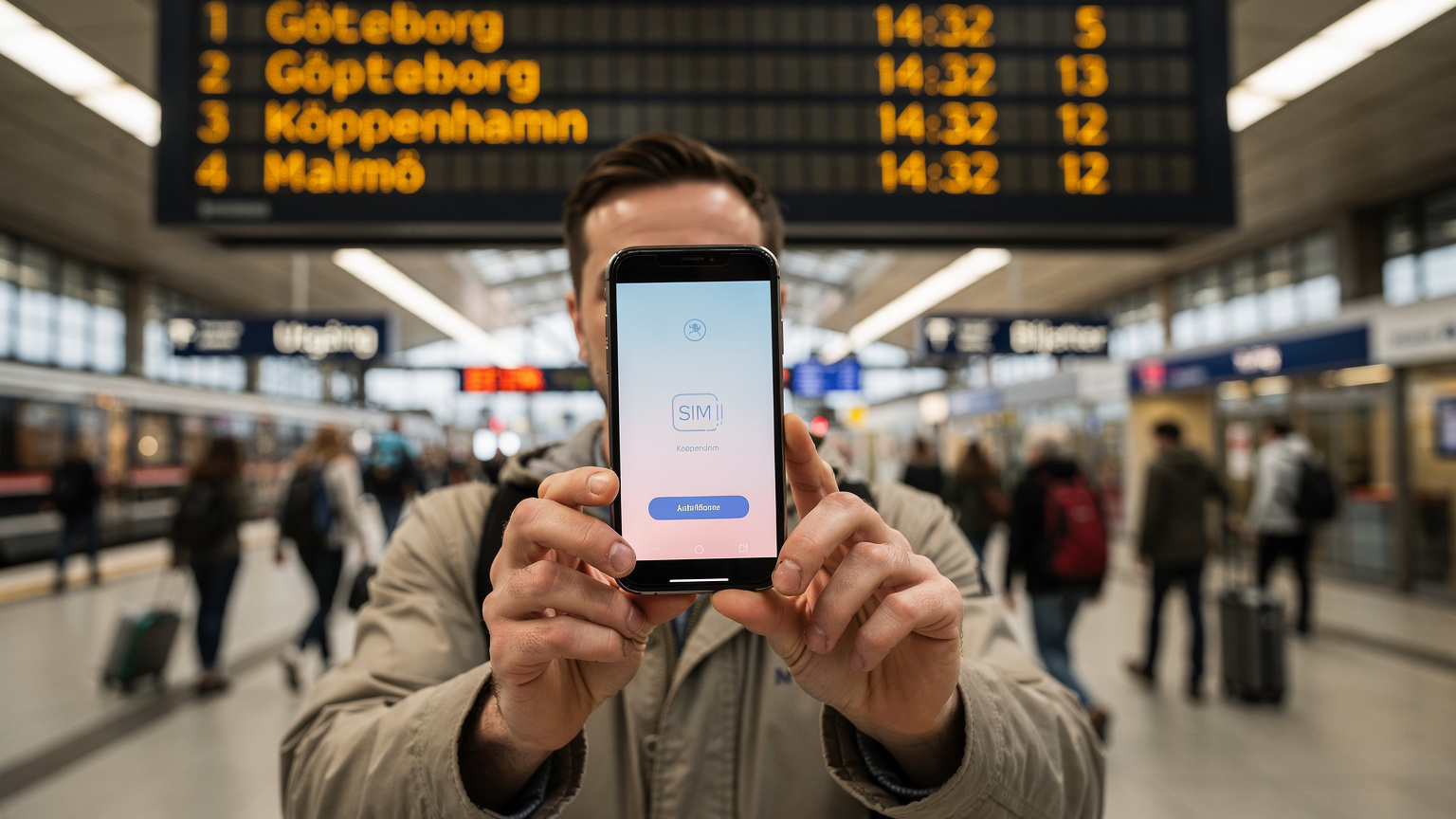 En person håller en smartphone med ett eSIM-aktiveringsskärm på en tågstation i Europa, med en skylt som visar tågtider och destinationer i bakgrunden.