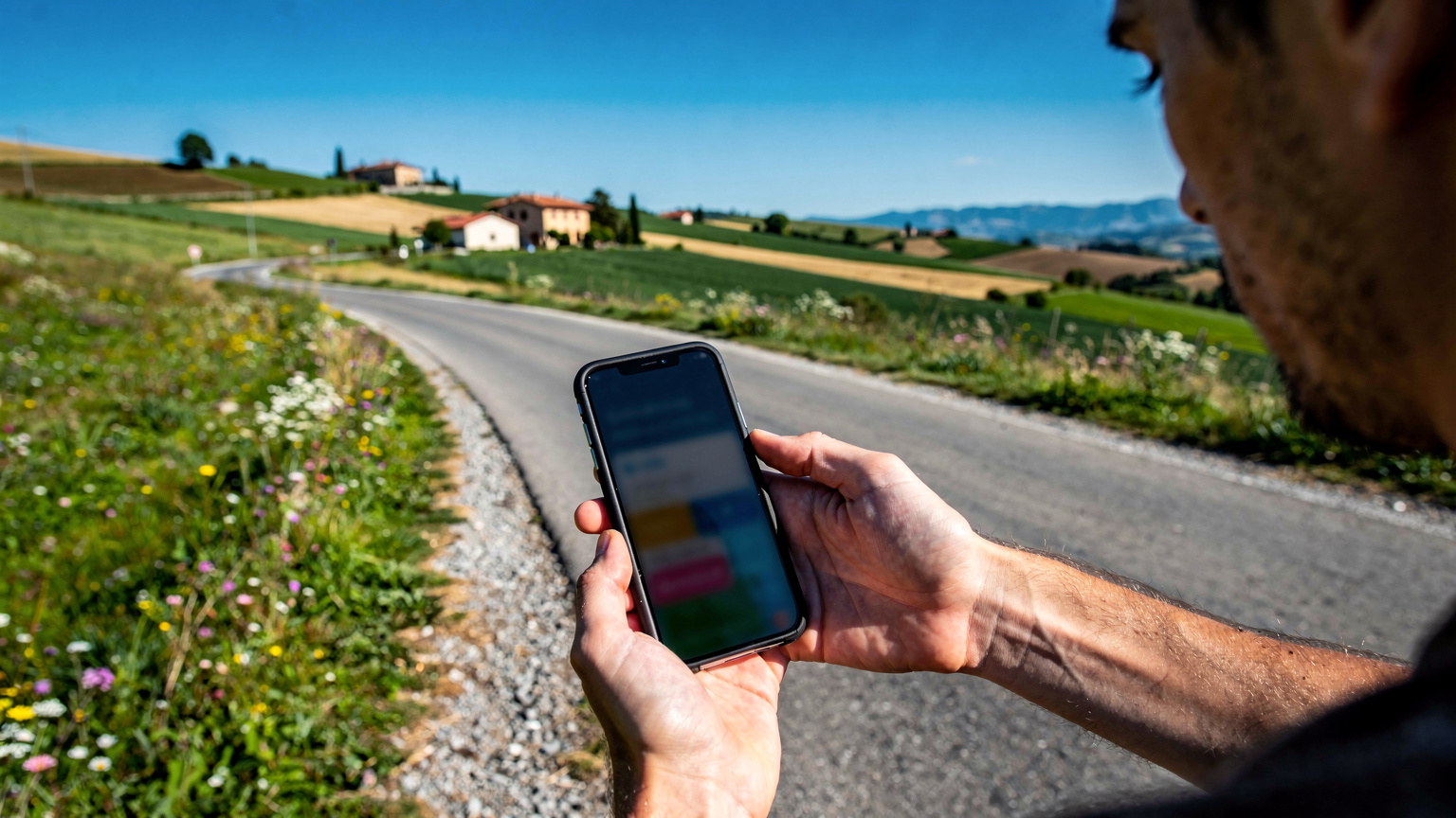 En hand håller en smartphone som visar en felmeddelande om nätverksanslutning, med ett oroligt uttryck, vid en vägkant i en europeisk landsbygdsmiljö.