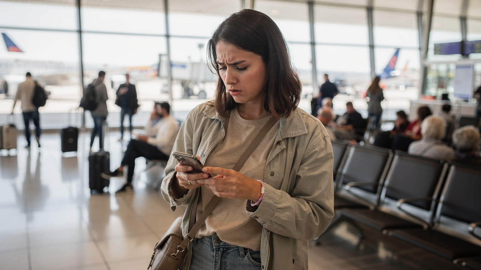 Cestovatelka se snaží připojit k Wi-Fi na přeplněném letišti v Římě, zatímco její telefon ukazuje slabý signál.