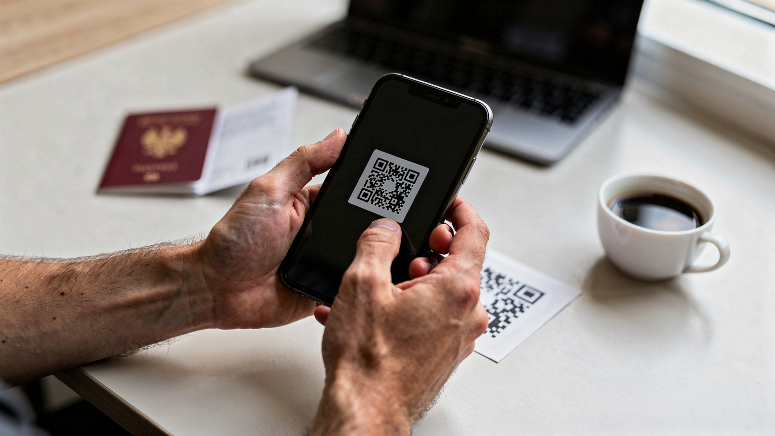 Detailní záběr rukou digitálního nomáda, který skenuje QR kód pro aktivaci eSIM na svém chytrém telefonu, s pasem a kávou na stole.