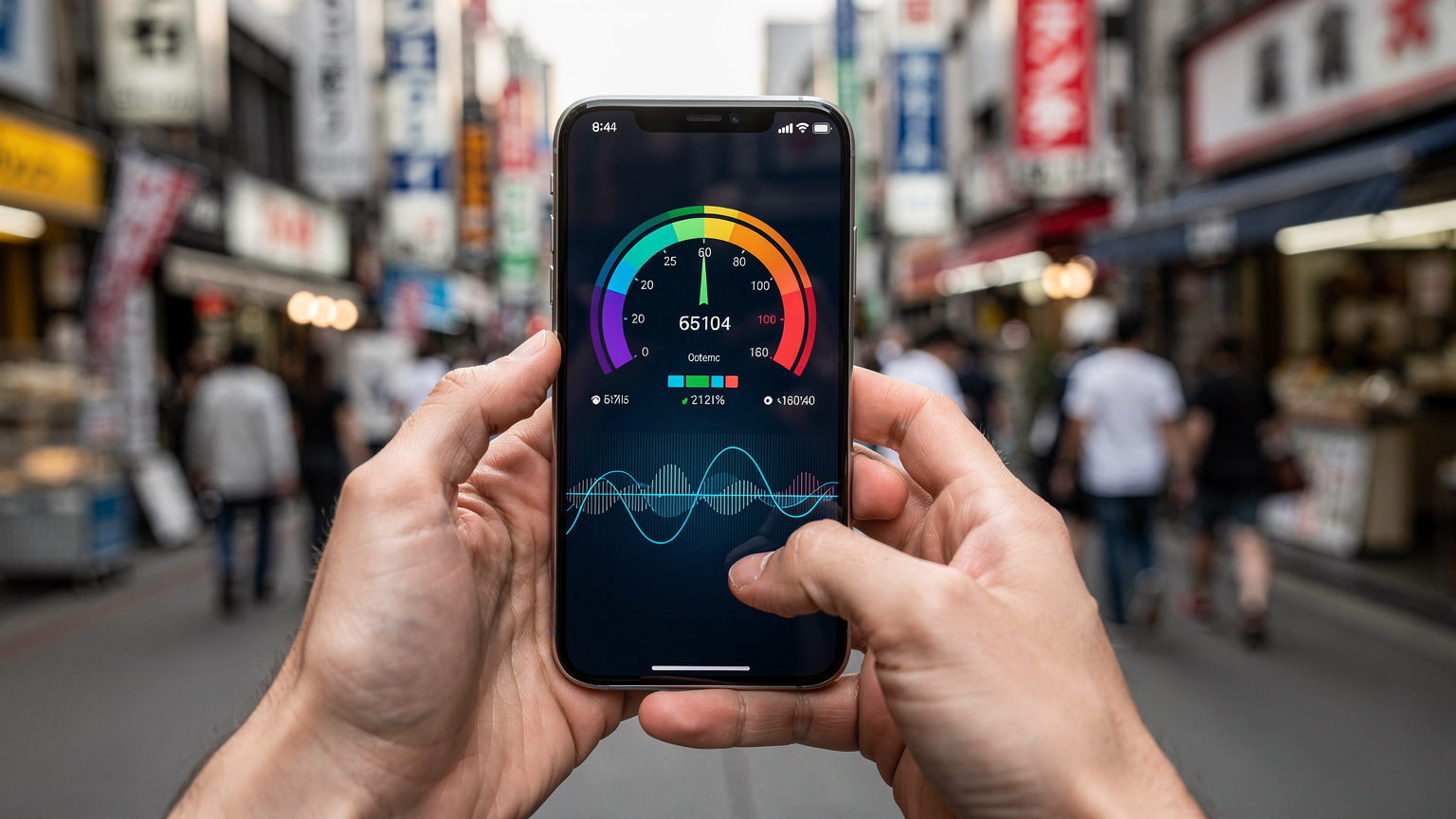 一雙手握著智能手機,屏幕上顯示著Speedtest by Ookla的測速結果,背景是模糊的日本街景。