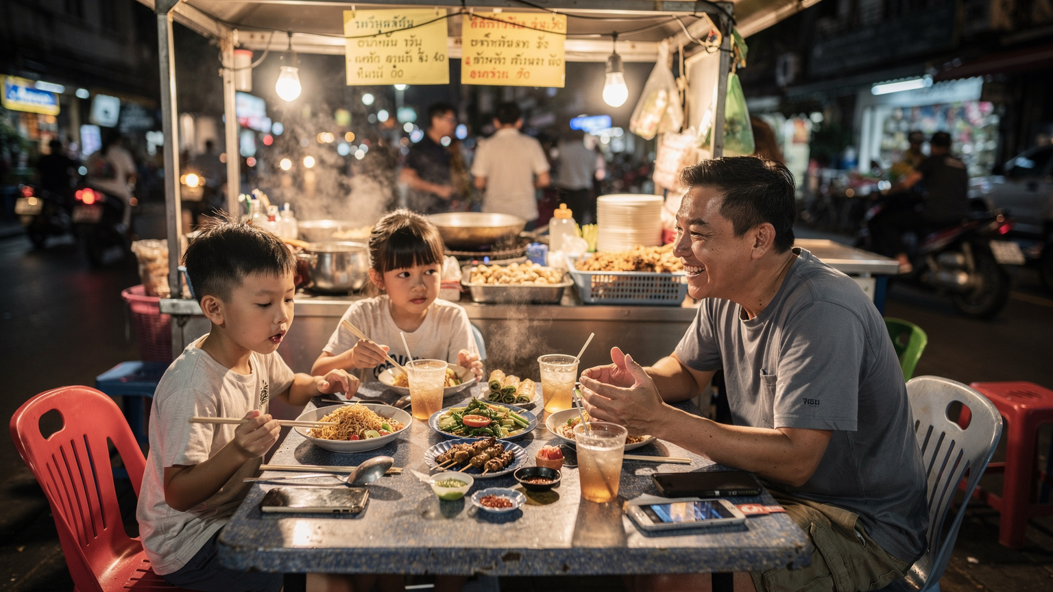 Une famille attablée dans un restaurant de rue animé à Bangkok, dégustant des pad thais et d'autres plats thaïlandais. Les enfants sont joyeusement concentrés sur leurs repas, tandis que les parents partagent un moment de détente et de conversation, leurs smartphones discrètement posés sur la table.