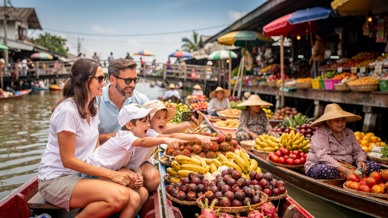 Une famille souriante explorant un marché flottant coloré à Bangkok, les enfants émerveillés par les fruits exotiques et les embarcations traditionnelles, un parent prenant une photo avec un smartphone. La lumière du jour est vive et naturelle.