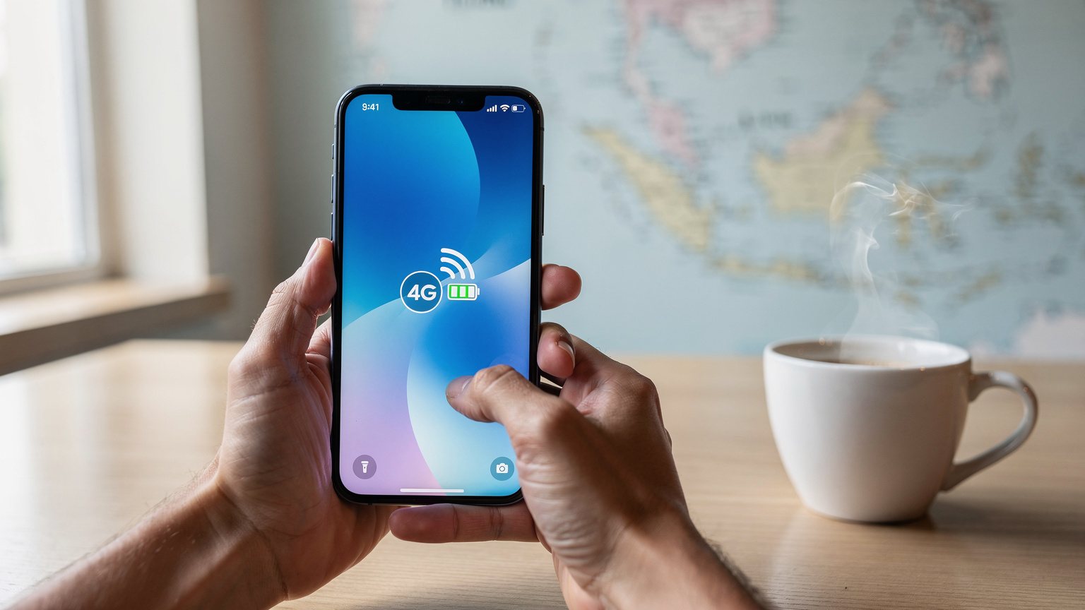 Une main adulte tenant un smartphone affichant un écran de confirmation d'activation d'eSIM, avec des icônes de réseau mobile. L'arrière-plan est légèrement flou, montrant une carte de la Thaïlande et une tasse de café sur une table en bois clair.