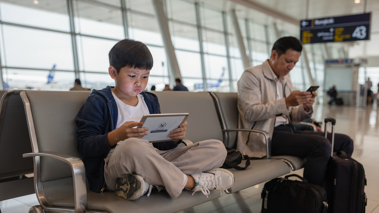 Un enfant de 9 ans assis sur un banc dans la zone d'embarquement d'un aéroport de Bangkok, l'air ennuyé, fixant son iPad qui affiche un message 'pas de connexion internet'. Son père, visiblement préoccupé, consulte son propre téléphone à proximité.