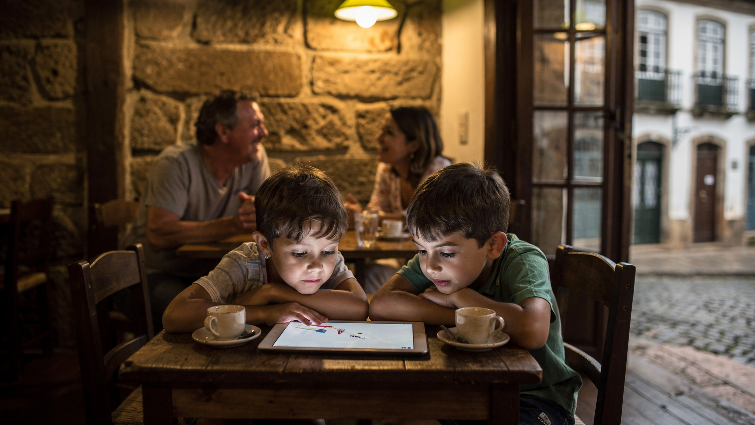 Família em um café de Ouro Preto, os pais conversando enquanto as crianças estão absortas em um tablet, com um dos pais expressando leve frustração.