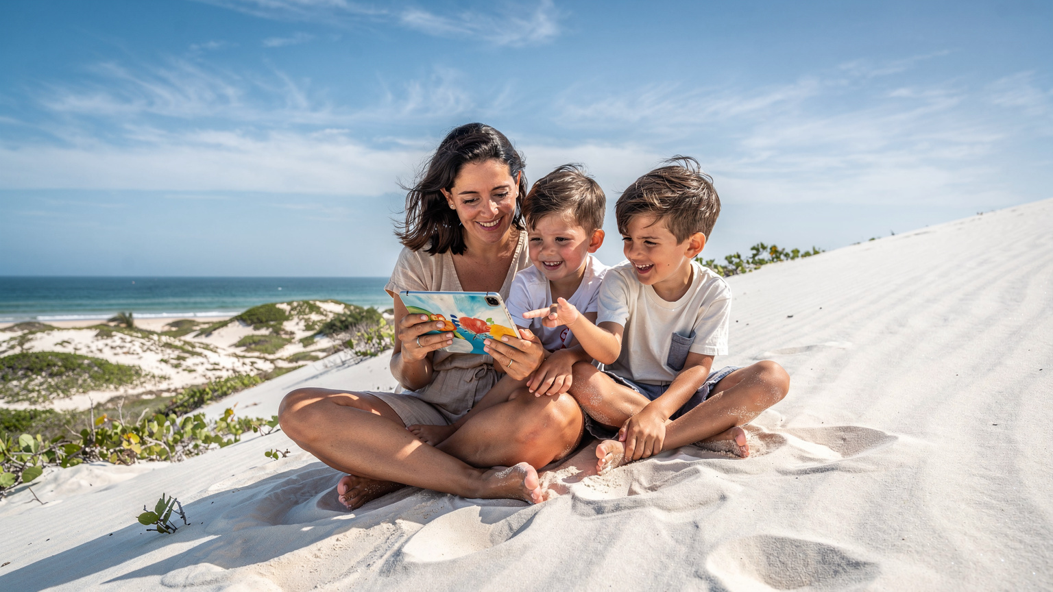 Mãe e filho em uma duna de Jericoacoara, a mãe mostrando um tablet ao filho, ambos sorrindo. O sol brilhante ilumina a areia branca e o céu azul.