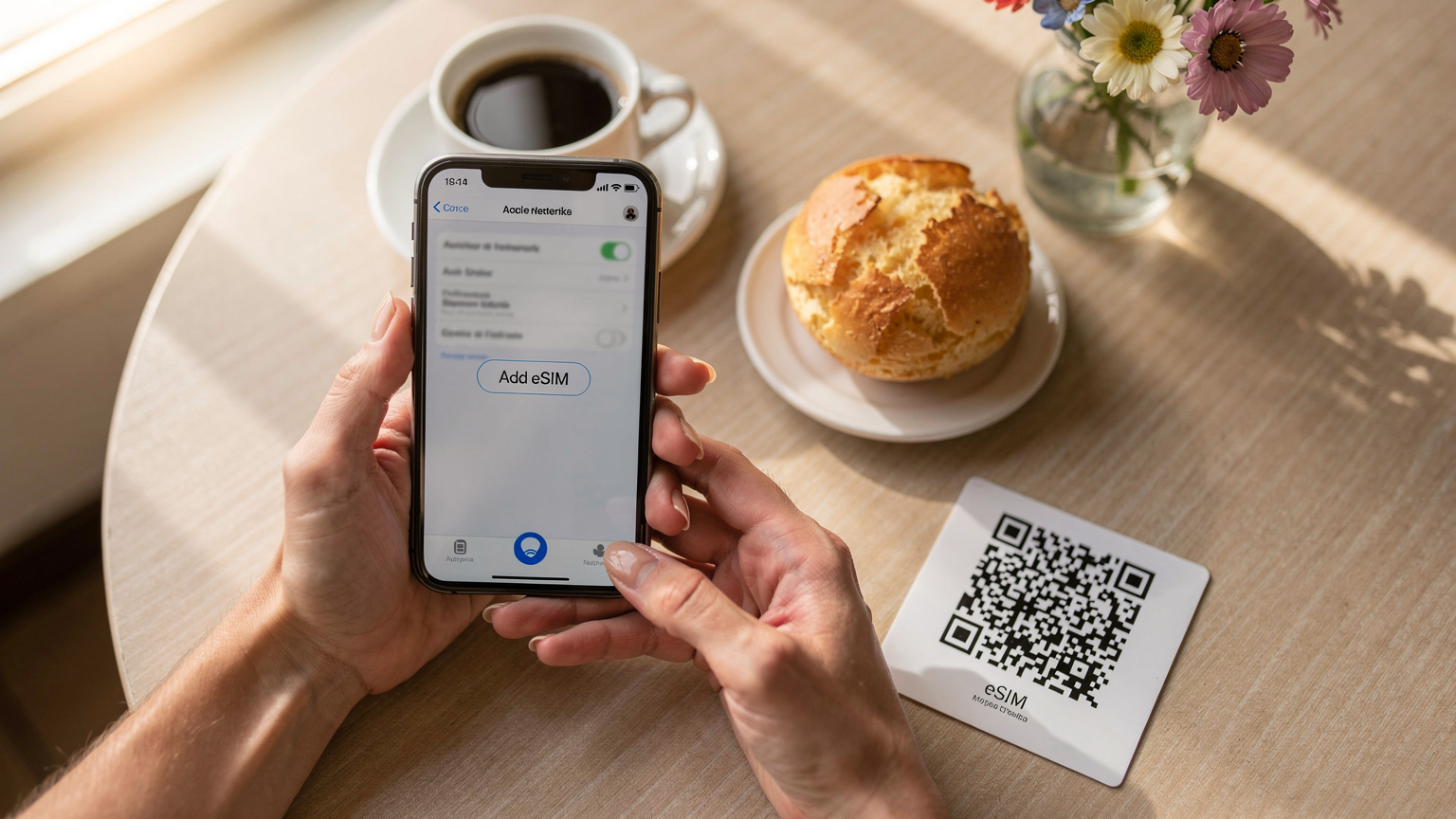 Mãos de uma mulher escaneando um QR code impresso com seu smartphone, na tela de configurações de eSIM, em uma mesa de café da manhã de hotel com pão de queijo.