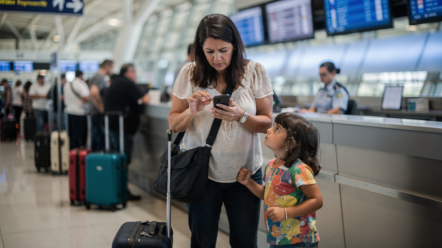 Mulher preocupada tentando inserir um chip físico em seu celular no balcão de check-in de aeroporto, enquanto uma criança impaciente puxa sua blusa.