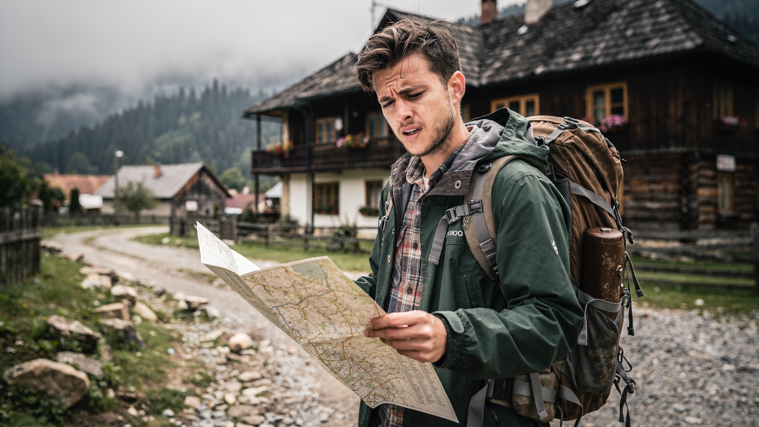 Un tânăr privește cu o expresie confuză spre o hartă fizică de hârtie, într-un sat izolat din Transilvania, cu o pensiune rustică în fundal, sugerând o lipsă de conectivitate.