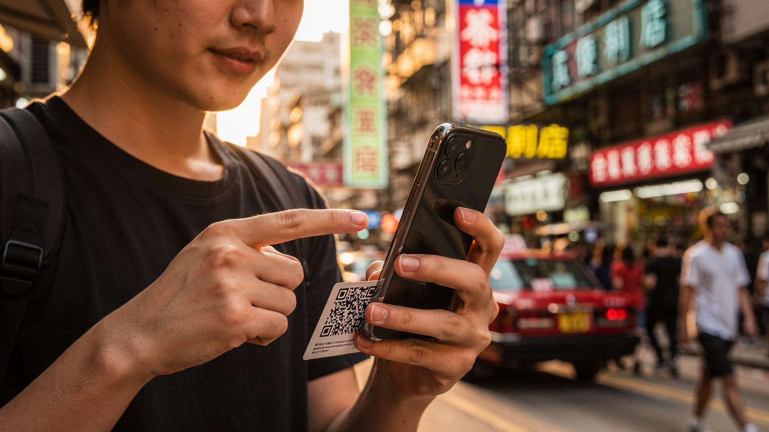 在香港繁忙的街頭,一名遊客正使用手機掃描QR code啟用eSIM,周圍是色彩斑斕的招牌和穿梭的人群。