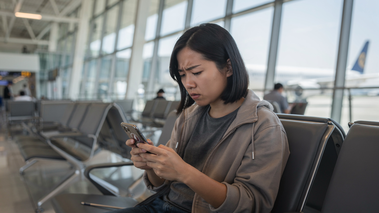 一名旅行者坐在香港國際機場的候機廳裡,正在焦急地查看手機,屏幕上顯示著「無服務」的提示,暗示著網絡連接問題。