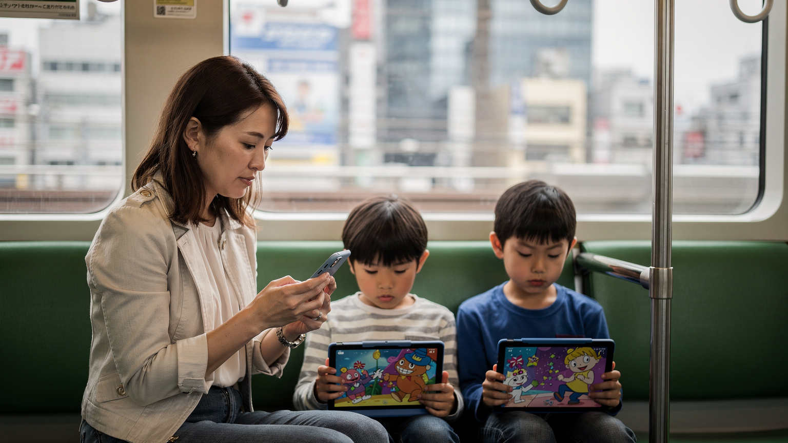 一位媽媽在東京山手線上,用iPhone手機查看和切換eSIM設定,孩子們在旁邊用iPad看動畫片,車窗外是東京的城市景觀。