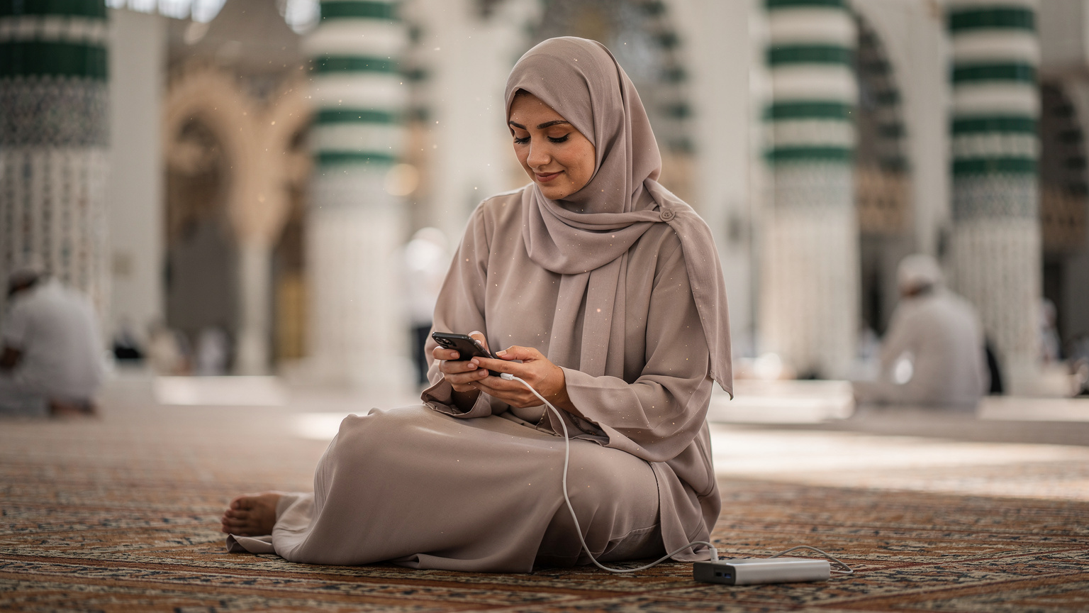 Seorang jamaah wanita sedang duduk di area istirahat Masjid Nabawi di Madinah, mengisi daya ponselnya menggunakan power bank, dengan latar belakang pilar-pilar indah masjid.
