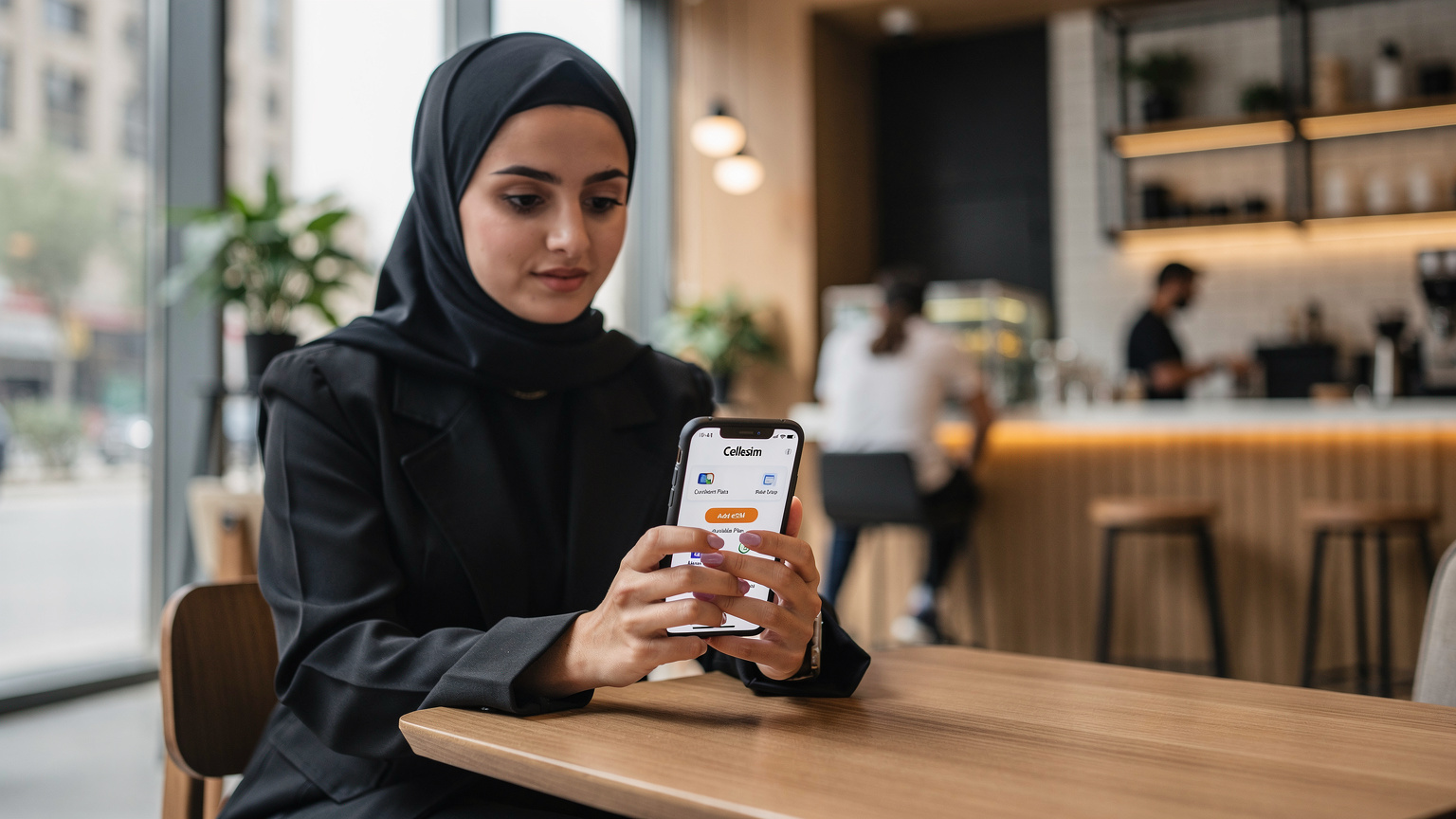 Seorang wanita muda menggunakan smartphone di dalam sebuah kedai kopi modern di Riyadh, Arab Saudi, dengan antarmuka aplikasi Cellesim terlihat di layar ponselnya.