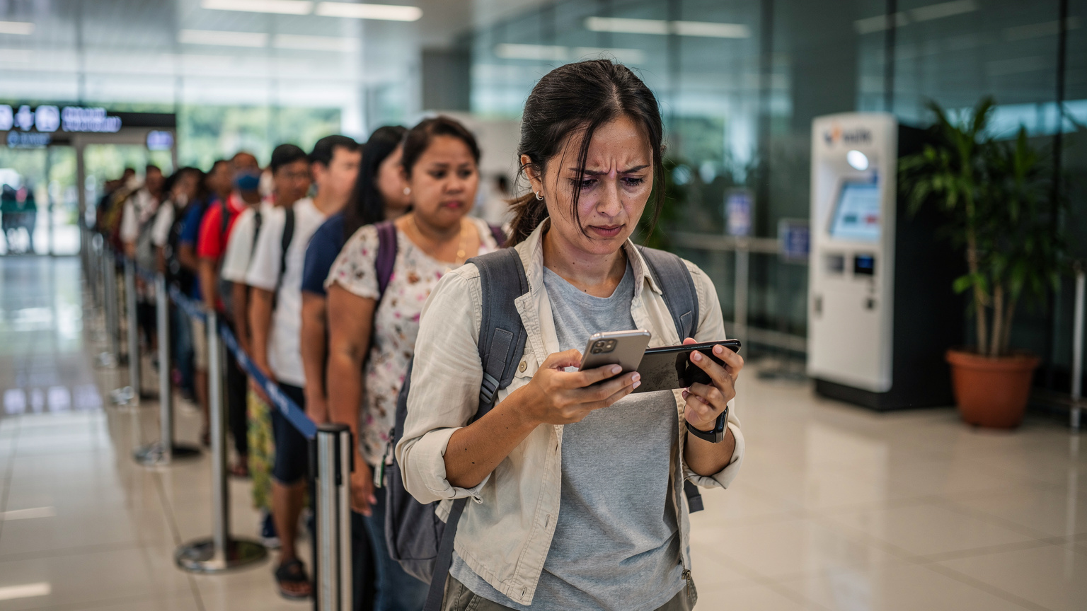 A woman traveler looks frustrated at her phone while waiting in a long queue at an airport kiosk, highlighting the activation friction.