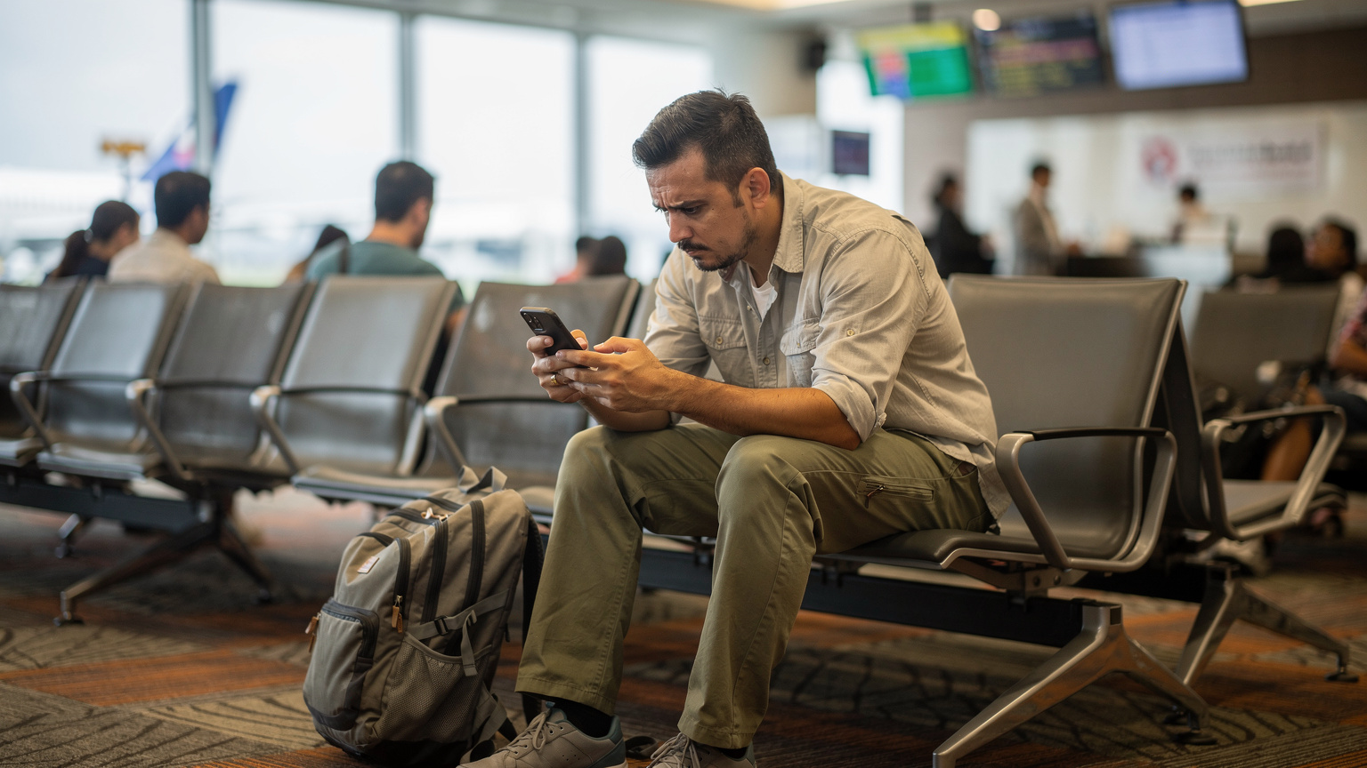 A traveler is seen looking puzzled at their phone screen while sitting at a departure gate in Denpasar airport, suggesting connectivity issues.