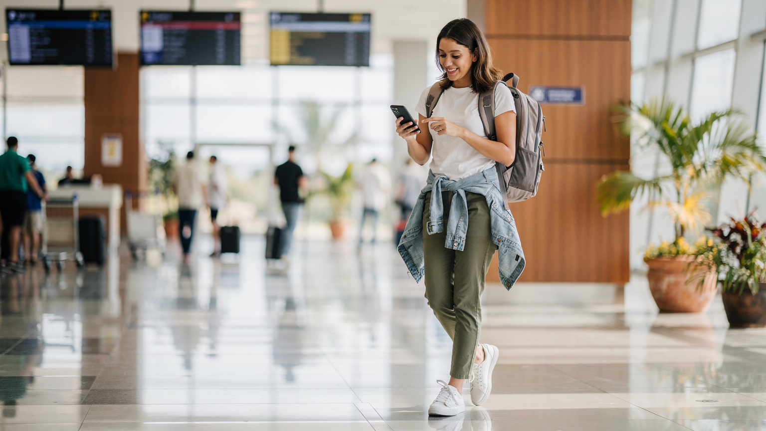 A happy young woman with a small backpack, walking purposefully through the arrivals hall of Ngurah Rai International Airport in Bali, already on her phone and smiling, having activated her eSIM before arrival.