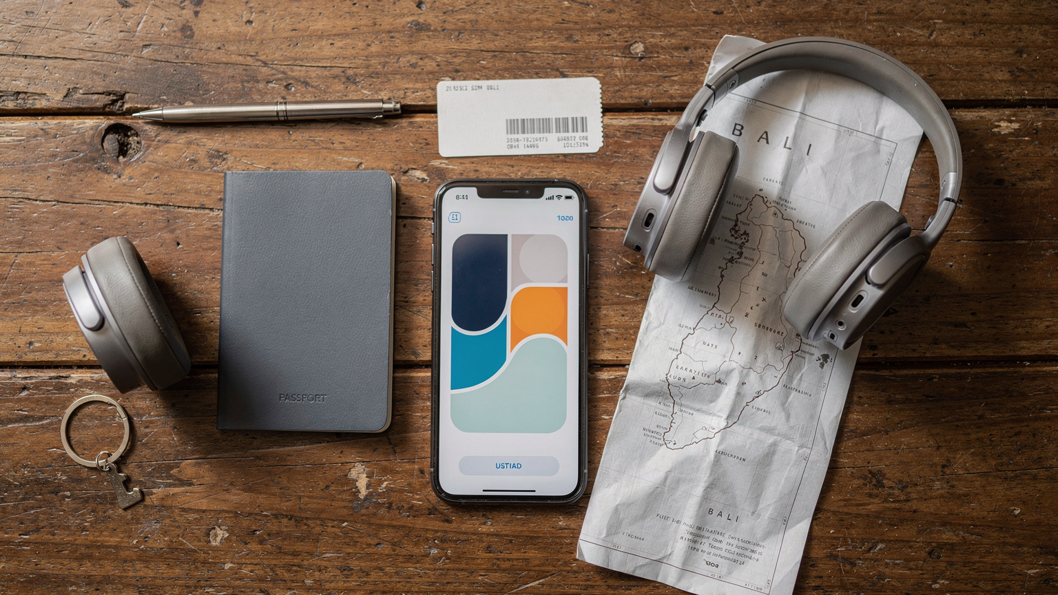 An overhead flat-lay composition on a rustic wooden table, featuring a passport, a smartphone showing a generic eSIM profile activation screen, comfortable travel headphones, and a slightly crinkled paper map of Bali.