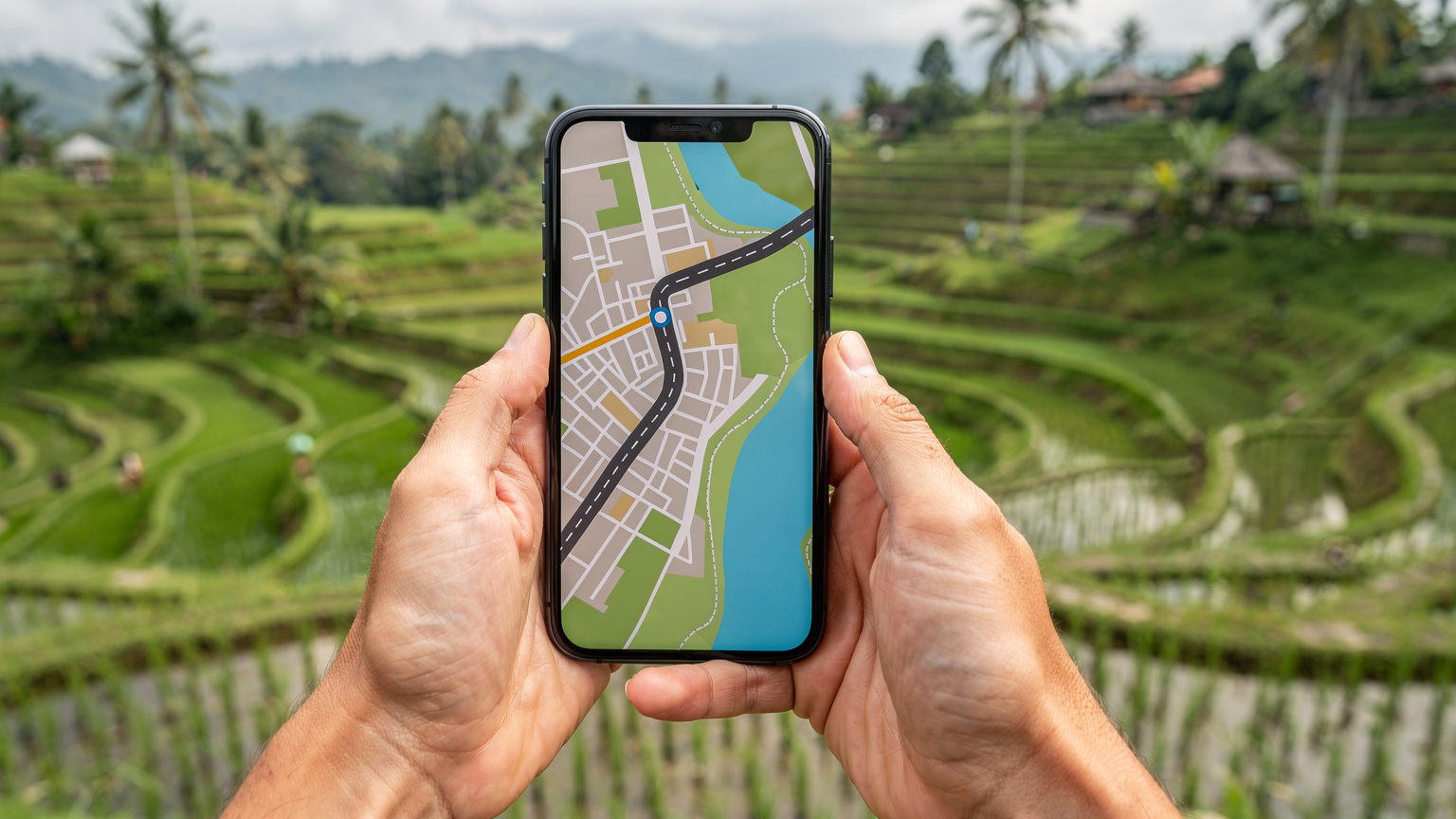 A pair of hands holding a smartphone displaying a map application with a route marked, set against a blurred background of vibrant green rice terraces in Bali, Indonesia.