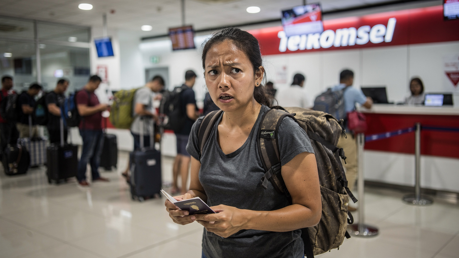 A woman with a backpack, looking frustrated as she stands in a long, slow-moving line at a Telkomsel counter in Denpasar Airport, with her passport open in her hand.